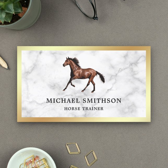 Carte De Visite Instructeur d'équitation Marbre blanc Gold Foil (Créateur téléchargé)