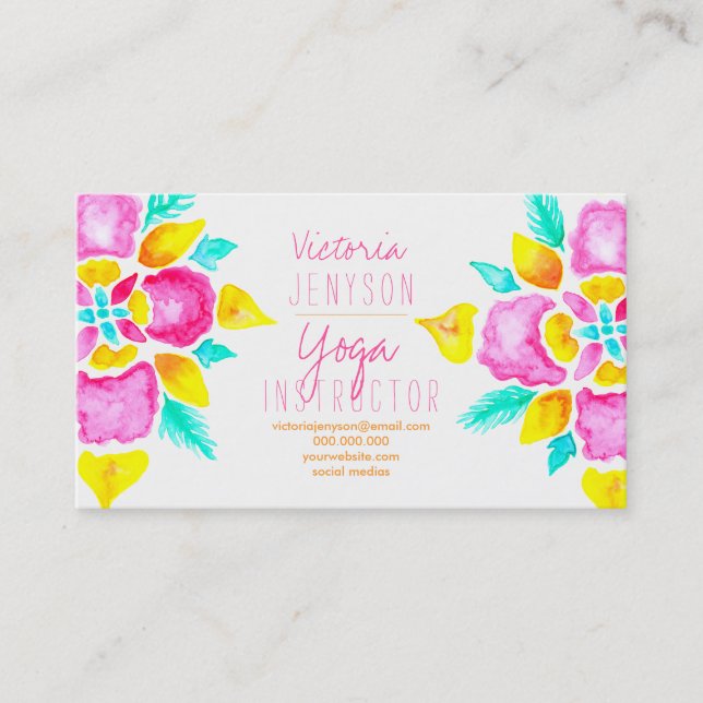 Carte De Visite Instructeur floral de yoga de mandala d'aquarelle (Devant)
