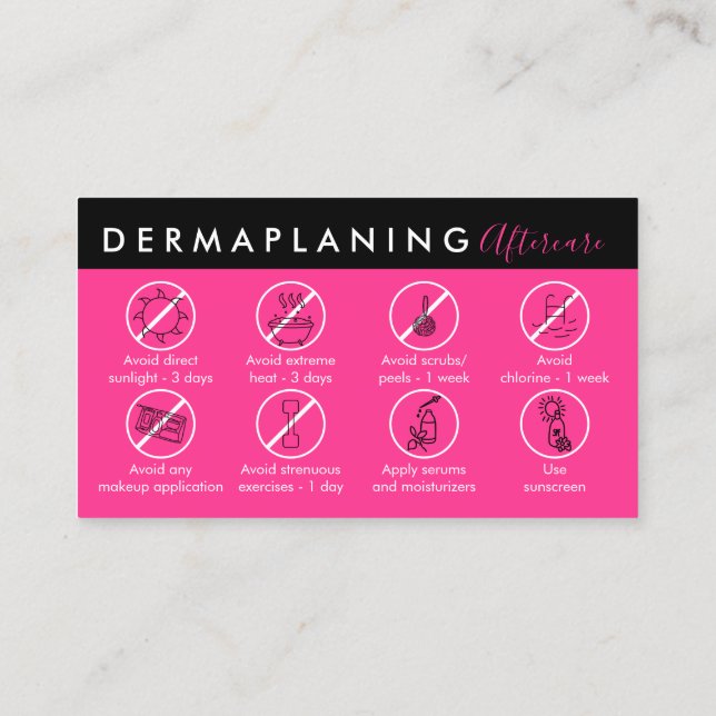 Carte De Visite Instruction de soins après dermaplaning rose néon (Dos)