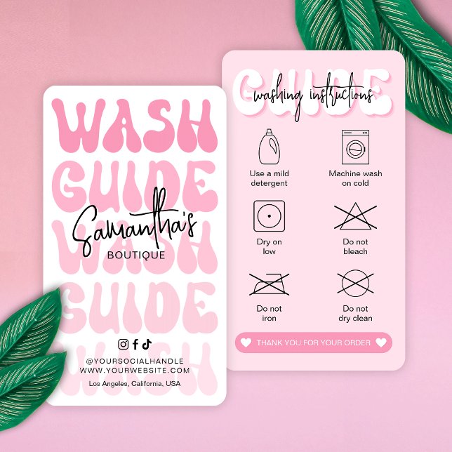 Carte De Visite Instructions de lavage rose rétro Guide de lavage (Retro pink clothing washing instructions cards with icons, discover more icons in the design editor )