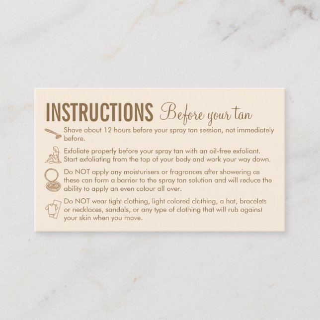 Carte De Visite Instructions de soin Beige avant et après le bronz (Devant)