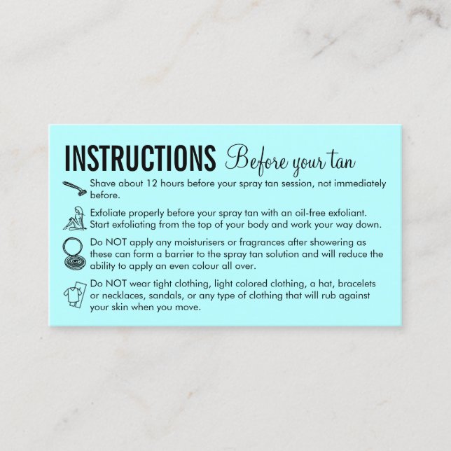 Carte De Visite Instructions de soin sarcelle Avant Après le bronz (Devant)
