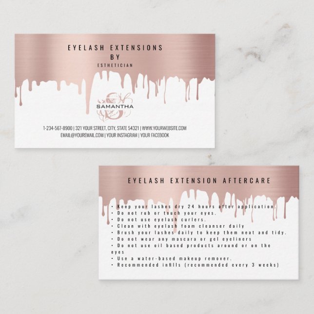 Carte De Visite Instructions de soins après cils Rose Pink Gold Dr (Devant / Derrière)