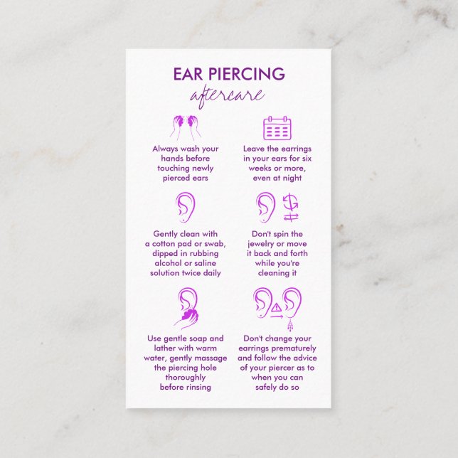 Carte De Visite Instructions de soins de perçage d'oreille Extensi (Dos)