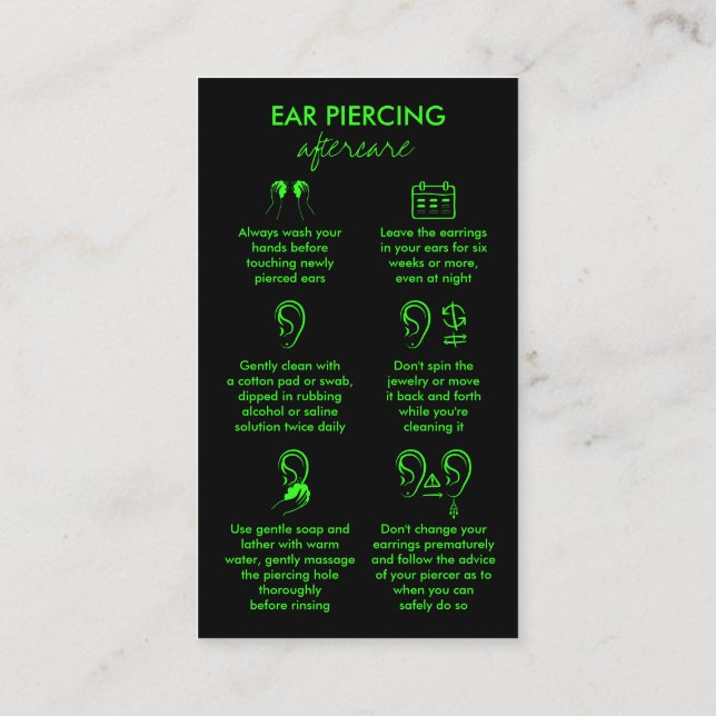 Carte De Visite Instructions de soins de perçage d'oreille Néon Ve (Dos)