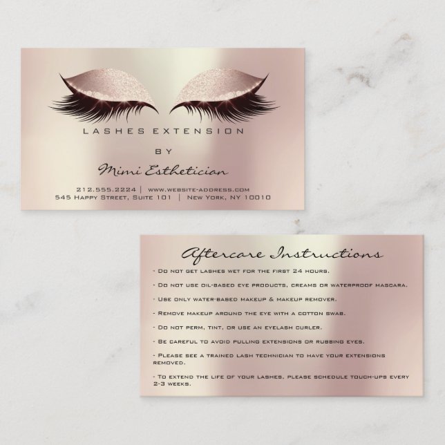 Carte De Visite Instructions de soins postérieurs Lashes Blush Ros (Devant / Derrière)