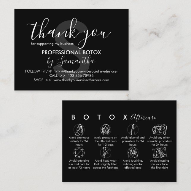 Carte De Visite Instructions de suivi de Botox noir Merci (Devant / Derrière)