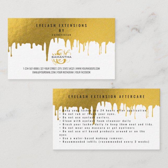 Carte De Visite Instructions de suivi de cils Gold Drips (Devant / Derrière)