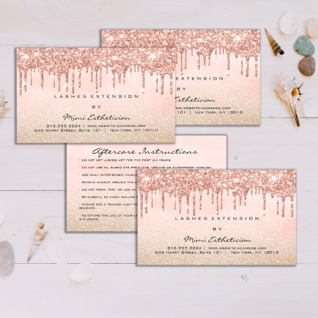 Carte De Visite Instructions de suivi Eyelash Rose Parties scintil (Aftercare Instructions Eyelash Rose Glitter Drips Business Card)