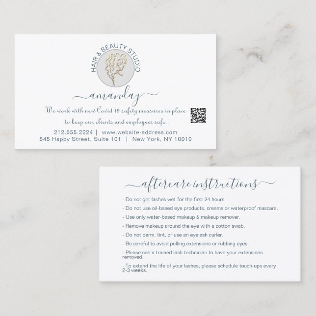 Carte De Visite Instructions de suivi Lash White Logo QR CODE (Devant / Derrière)