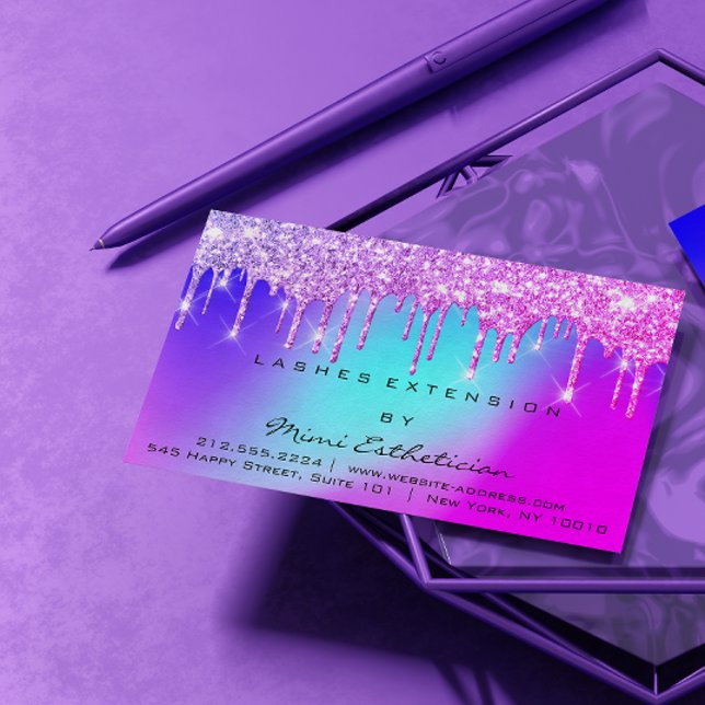 Carte De Visite Instructions de suivi Lashes Pilules roses Hologra (Aftercare Instructions Lashes Pink Drips Holograph Business Card)