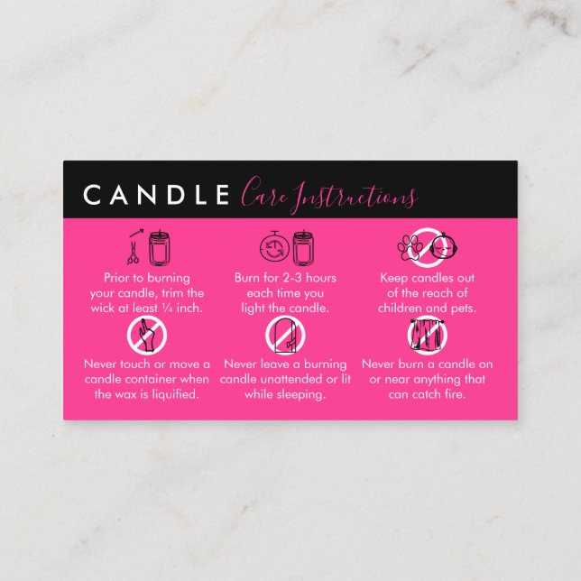 Carte De Visite Instructions d'entretien de la bougie rose néon (Dos)