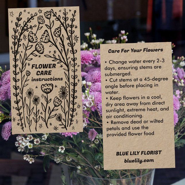 Carte De Visite Instructions d'entretien des fleurs Fleuriste Fleu (Flower CARE INSTRUCTIONS Wildflower Florist Kraft Business Card
)