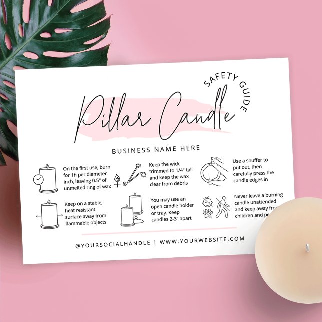 Carte De Visite Instructions pour le soin des bougies rose féminin (Feminine pillar candle care cards with icons, pink watercolor background and space for your details)