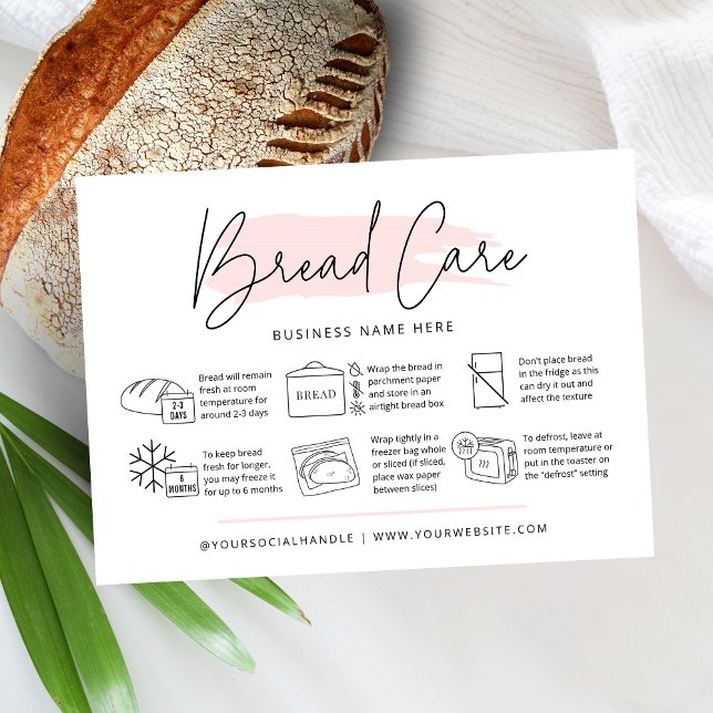 Carte De Visite Instructions pour le soin du pain Boulangerie d'aq (Feminine bread care cards with icons and feminine blush pink watercolor (edit to any color you like))