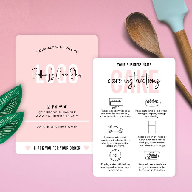 Carte De Visite Instructions pour l'entretien des gâteaux Boulange (Feminine pink and white cake care instructions cards with icons and space for your logo)