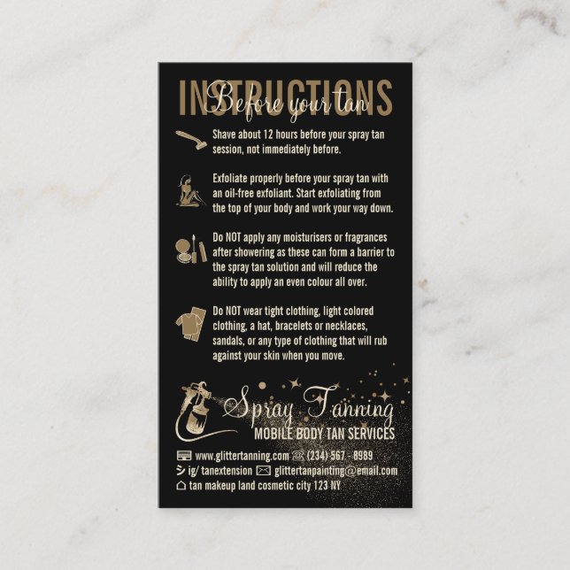 Carte De Visite Instructions Spray Tan avant le guide de soins (Devant)
