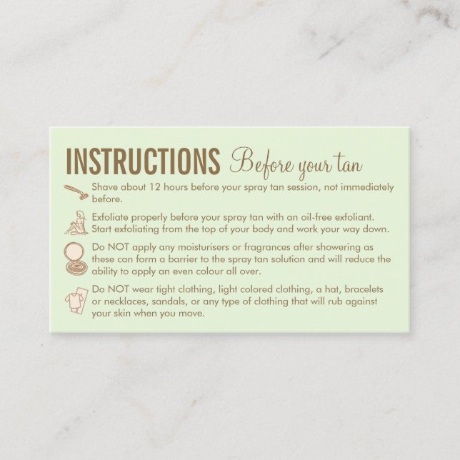 Carte De Visite Instructions Vert Brun Avant Après Bronzage en Spr (Devant)