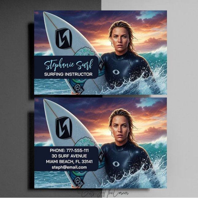 Carte De Visite Instructrice de surf féminine  (Créateur téléchargé)