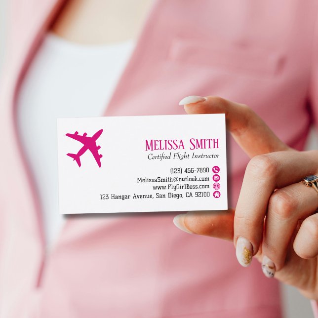Carte De Visite Instructrice de vol d'avion rose code QR professio (Créateur téléchargé)