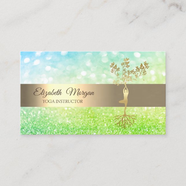 Carte De Visite Instructrice de yoga de l'arbre doré avec un bokeh (Devant)