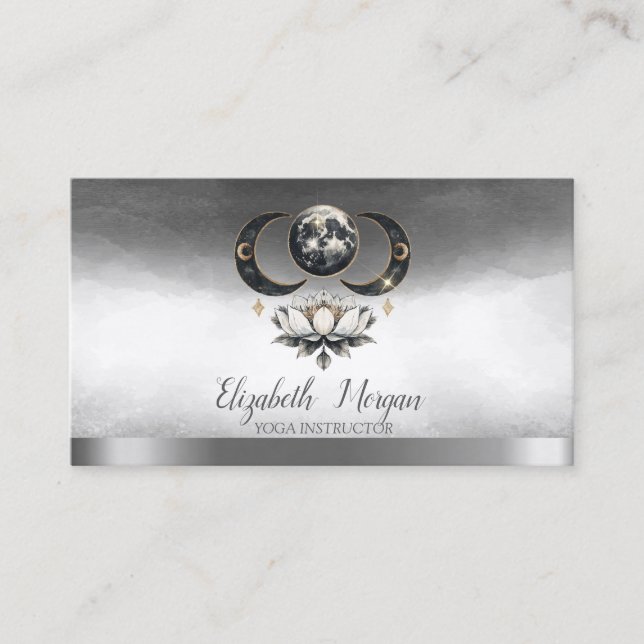 Carte De Visite Instructrice de yoga élégante Lotus Moon Silver (Devant)