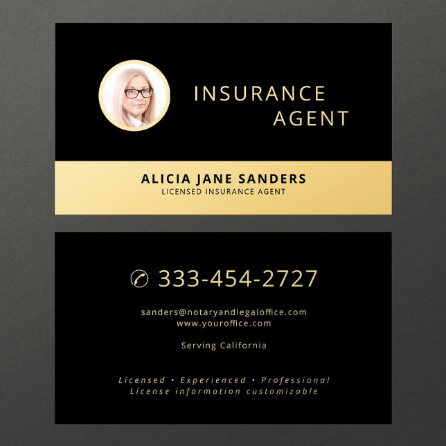 Carte De Visite Insurance agent  black gold professional photo (Créateur téléchargé)