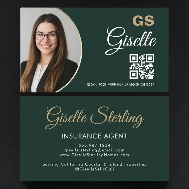 Carte De Visite Insurance Agent Emerald Green Gold Photo QR Code  (Créateur téléchargé)