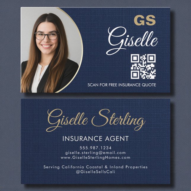 Carte De Visite Insurance Agent Navy Blue Gold Photo QR Code Linen (Créateur téléchargé)