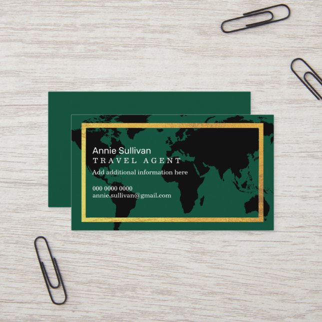 Carte De Visite Intercontinental Travel Agent World Map Green (Devant/Arrière en situation)