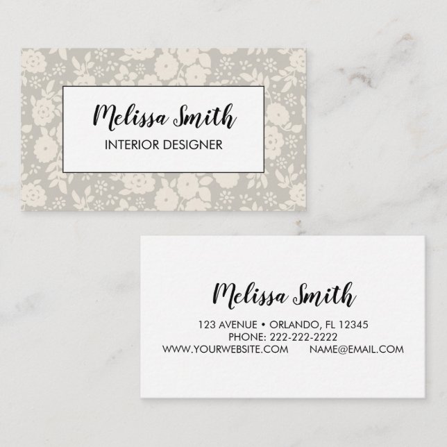 Carte De Visite Interior Design Floral Pattern Gray Business Card (Devant / Derrière)