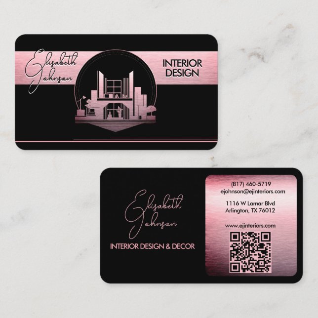 Carte De Visite Interior Design or Architect Logo Black and Rose (Devant / Derrière)