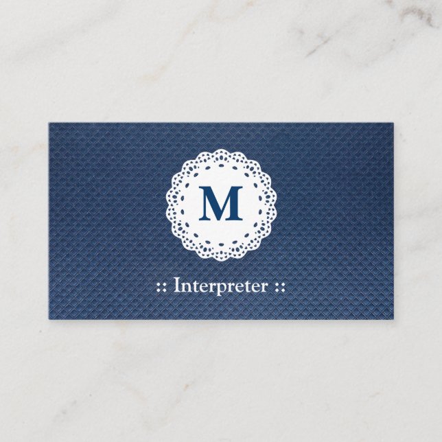 Carte De Visite Interprète - Motif bleu Monogramme dentelle (Devant)