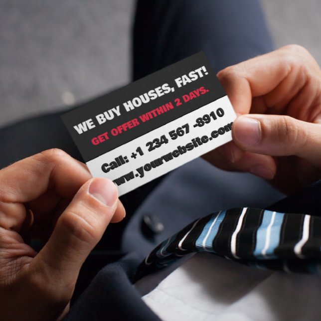 Carte De Visite Investisseur immobilier noir et blanc Nous acheton (real estate investor business card)