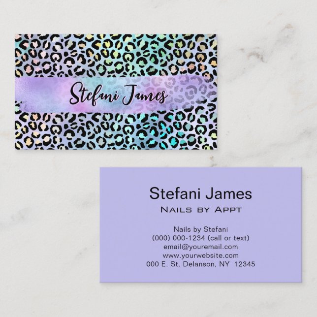 Carte De Visite Iridescente Foil arc-en-ciel Leopard pourpre (Devant / Derrière)
