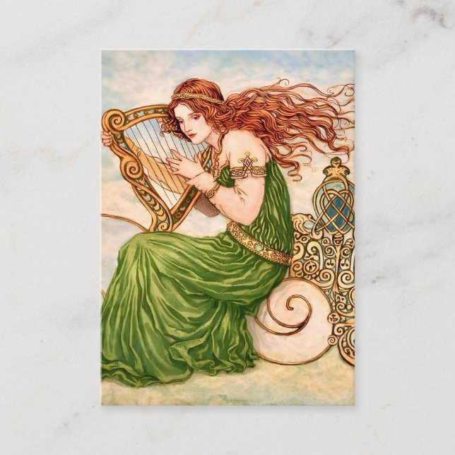 Carte De Visite Irish Goddess Playing Harp – Celtic Art Nouveau  (Devant)