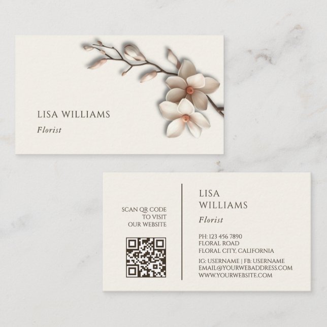 Carte De Visite Ivory 3D Magnolia Rustique | Code QR (Devant / Derrière)
