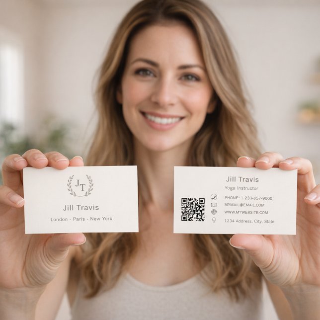Carte De Visite Ivory taupe monogram wreath modern minimalst QR (Créateur téléchargé)