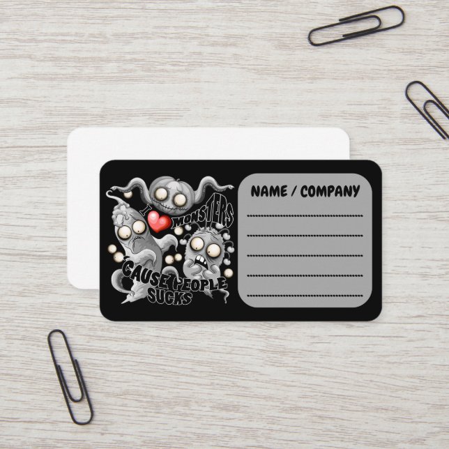 Carte De Visite J'aime les monstres parce que les gens aiment les  (Devant/Arrière en situation)