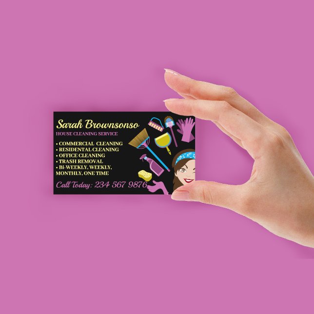 Carte De Visite Janitorial Lady Cartoon Girl Black House Cleaning (Janitorial Lady Cartoon Girl Black House Cleaning Business Card)