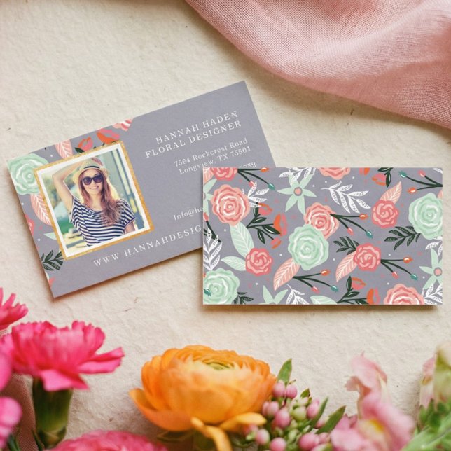 Carte De Visite Jardin Floral Rose & Mint & Cadre Photo Or (Modern Elegant Feminine Elegant Feminine Business Card)