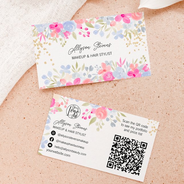 Carte De Visite Jardin rose Floral or maquillage cheveux logo qr c (Créateur téléchargé)