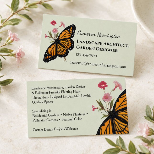 Carte De Visite Jardinier Papillon Monarque Paysagiste Sage (A bright orange monarch butterfly -- remastered vintage art, pops against a sage green background.
)