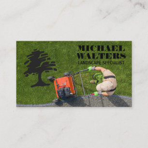 Carte De Visite Jardinier tondant la pelouse   Logo d'arbre