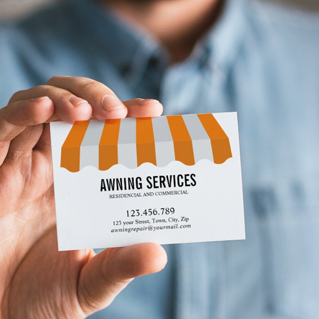 Carte De Visite Jaune Blanc Services de nettoyage Professionnel (Yellow White Awning Business Card professional Services in Custom Design, Repair, Motorization)
