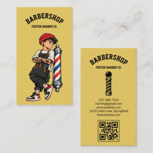 Carte De Visite Jaune Mascotte de Barbier Cool Coiffeur QR
