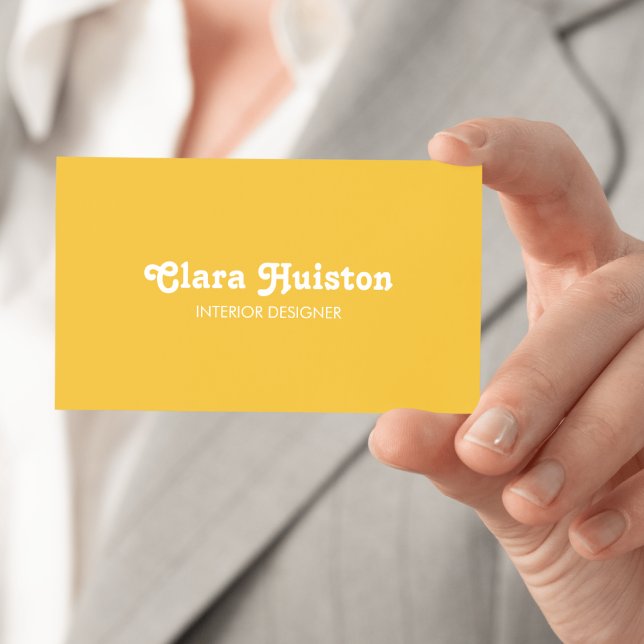 Carte De Visite Jaune Moutarde Moderne Élégant Script Blanc (Modern Fancy Mustard Yellow Script White Business Card)