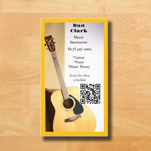 Carte De Visite Jaune QR Code Music Enseignant Guitare acoustique