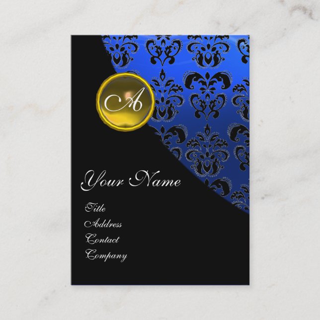 CARTE DE VISITE JAUNE TOPAZ BLEU BLEU DAMASK MONOGRAM, (Devant)