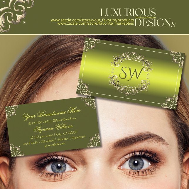 Carte De Visite Jaune vert décoratif avec Monogramme Eye Catching (Créateur téléchargé)